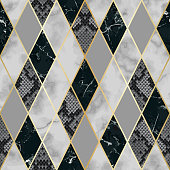 Vector marble and snakeskin seamless pattern with golden geometric diagonal lines. Black, white and grey rhombus marbling and reptile surface, modern luxurious background, luxury wallpaper.