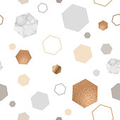 Marble gold seamless pattern for geometric poster, repeat background in trendy minimalist style with stone, hexagon, foil, glitter, metallic textures, vector illustration