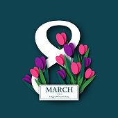 March 8 greeting card for International Womans Day. Paper cut tulips. Vector illustration.