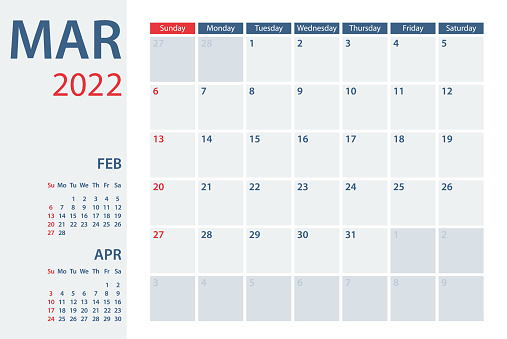 2022 March Calendar Planner Vector Template. Week starts on Sunday
