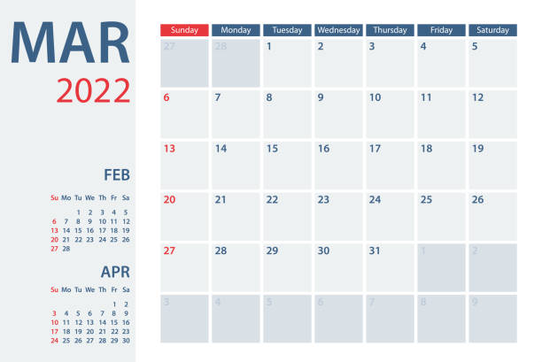 2022 märz kalenderplaner vektorvorlage. woche beginnt am sonntag - merz stock-grafiken, -clipart, -cartoons und -symbole