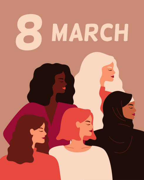 stockillustraties, clipart, cartoons en iconen met 8 maart dag kaart. jonge sterke vrouwen staan samen. - womens day poster