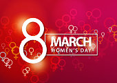 Celebrate the Women's Day with 8 March typography and pattern of female gender symbol on the red background