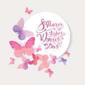 istock 8 march. Happy Woman's Day! Pink watercolor butterflies 638557880