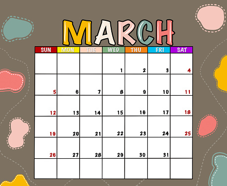 March planner calendar 2023 year. Calendar template.