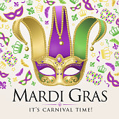 An invitation to events of Carnival celebration for the Mardi Gras with Jester Mask and elements on the background