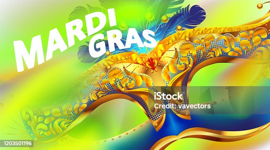 istock Mardi gras carnival mask poster background with colorful smoke brush effect. Use for greeting card, web, flyer, banner. - Vector 1203501196
