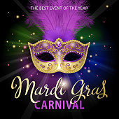 An invitation to the masquerade party for the Mardi Gras with feather carnival mask on the colorful light beam background