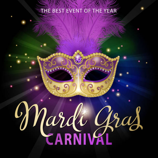 Mardi Gras Carnival Mask An invitation to the masquerade party for the Mardi Gras with feather carnival mask on the colorful light beam background mardi gras stock illustrations