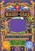 Mardi Gras festival poster illustration. New Orleans night Show Carnival Party Parade masquerade invitation card template. Latin dance event with samba or salsa dancer theme. Carnival mask lily vector
