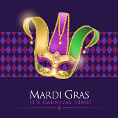 An invitation to the Mardi Gras party with Jester Mask on the purple colored diamond shaped pattern