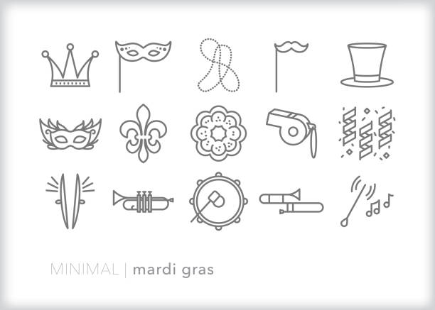 Mardi Gras celebration line icon set Set of 15 Mardi Gras, Fat Tuesday, carnival line icons for celebrating the feasts of the Epiphany leading up to Ash Wednesday with music, parades, food and costume mardi gras stock illustrations