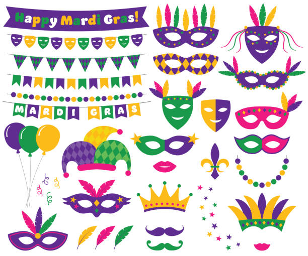 ilustrações de stock, clip art, desenhos animados e ícones de mardi gras decoration and design elements set - carnival mask