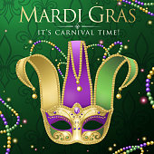 An invitation to events of Carnival celebration for the Mardi Gras with Jester Mask on the green colored background