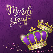 An invitation to events of Carnival celebration for the Mardi Gras with King and Queen Crowns on the purple background