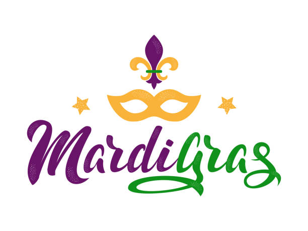 Mardi Gras lettering text Mardi Gras purple and green text with stars, masquerade mask and fleur-de-lis. American New Orleans Fat Tuesday poster, greeting card. Sidney Mardi Gras parade. Masquerade carnival lettering. Vector illustration. mardi gras stock illustrations