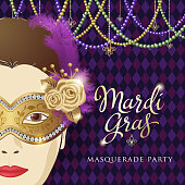 An invitation to the Mardi Gras Masquerade Party with a woman wearing mask and beads decoration on the purple diamond shape pattern