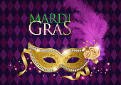 An invitation to the Mardi Gras Masquerade Party with shiny feather mask on the purple color diamond shaped pattern