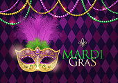 An invitation to the Mardi Gras Parade with feather carnival mask on purple background hanging with colorful bead strings