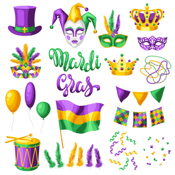 Mardi Gras party set of items. Mardi Gras party set of items. Carnival background for traditional holiday or festival. mardi gras stock illustrations