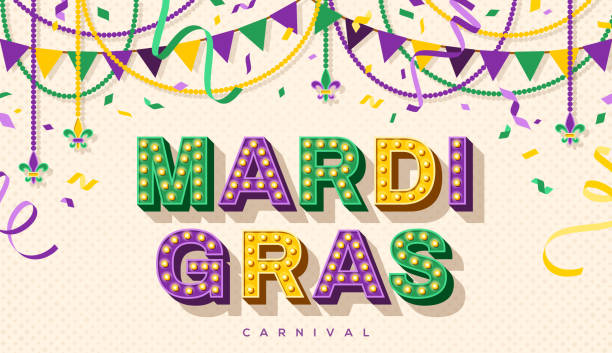Mardi Gras retro typography design Mardi Gras banner with typography design. Vector illustration with retro light bulbs font, streamers, confetti and hanging garlands. bead stock illustrations