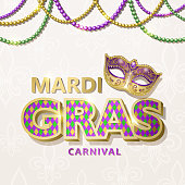 An invitation to the masquerade party for the Mardi Gras with party mask, metallic typography and bead decoration on fleur de lis pattern