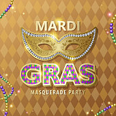 An invitation to the masquerade party for the Mardi Gras with party mask, metallic typography and bead decoration on diamond shaped pattern