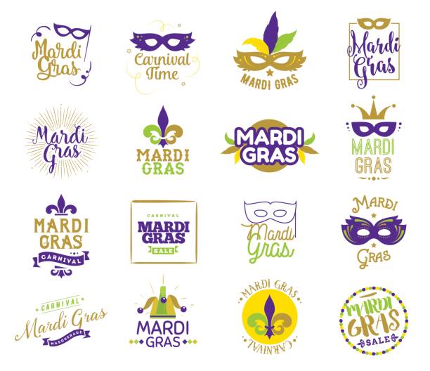 Mardi Gras typography set. Mardi Gras typography set. Vector emblems, logo with text. Usable for greeting cards, banners, gift packaging. Fat tuesday, carnival. Isolated elements. mardi gras stock illustrations