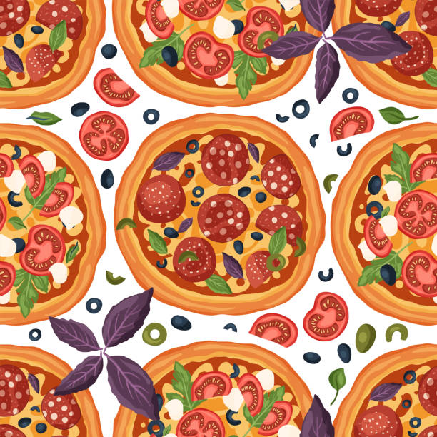 Margherita and salami pizza. Italian cheese pizza vector illustration. Margherita and salami seamless pattern. Delicious tasty snack with basil, mozzarella, olives and meat. Flat design. margherita stock illustrations