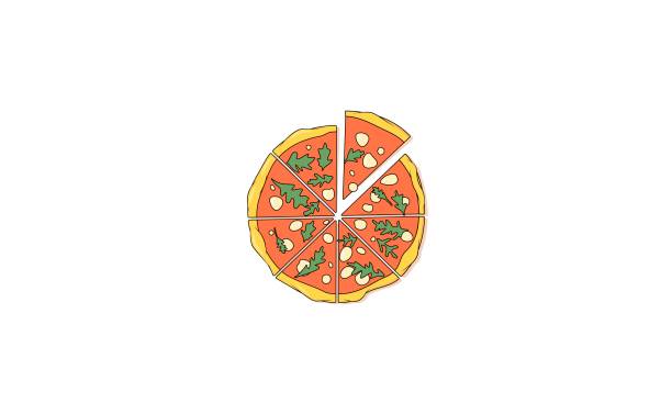 Margherita pizza vector illustration Margherita pizza vector illustration. Flat line art pizza Margherita with tomato sauce, rucola leafs, mozzarella cheese. Isolated on white. margherita stock illustrations