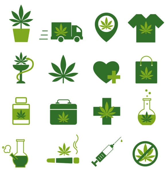 марихуана, иконы каннабиса. набор медицинских икон марихуаны. листья марихуаны. - cannabis stock illustrations