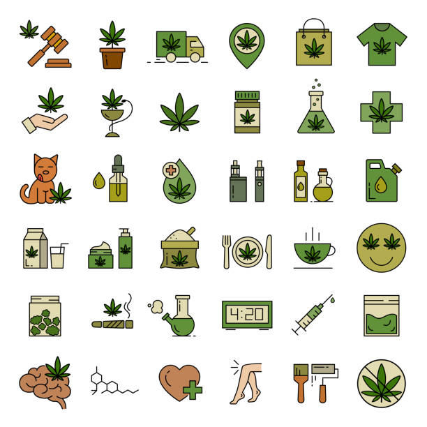 ilustrações, clipart, desenhos animados e ícones de marijuana, ícones do cannabis. jogo de ícones médicos da marijuana. - cannabis oil