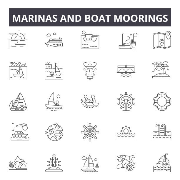 ilustrações de stock, clip art, desenhos animados e ícones de marinas and boat moorings line icons, signs, vector set, linear concept, outline illustration - chalana