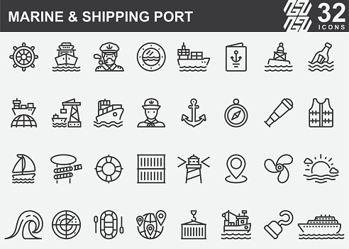 Marine and Shipping Port Line Icons