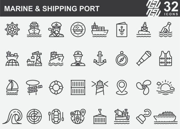 ilustrações de stock, clip art, desenhos animados e ícones de marine and shipping port line icons - porto