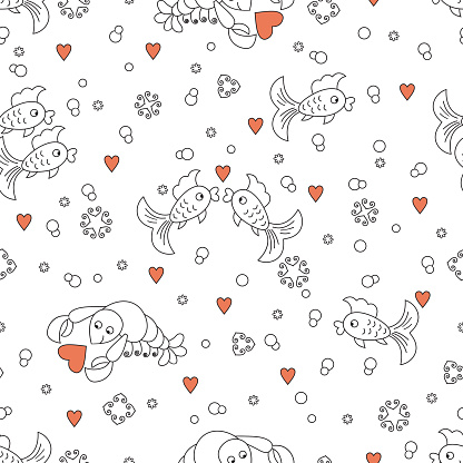 Marine Animals. Vector Sea Seamless Pattern with Fish and Crayfish.