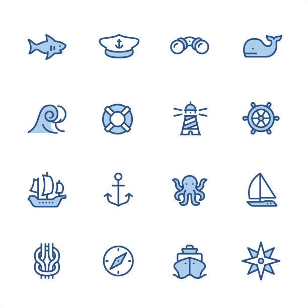 bildbanksillustrationer, clip art samt tecknat material och ikoner med marint tema-pixel perfekt marinblå kontur ikoner - segling