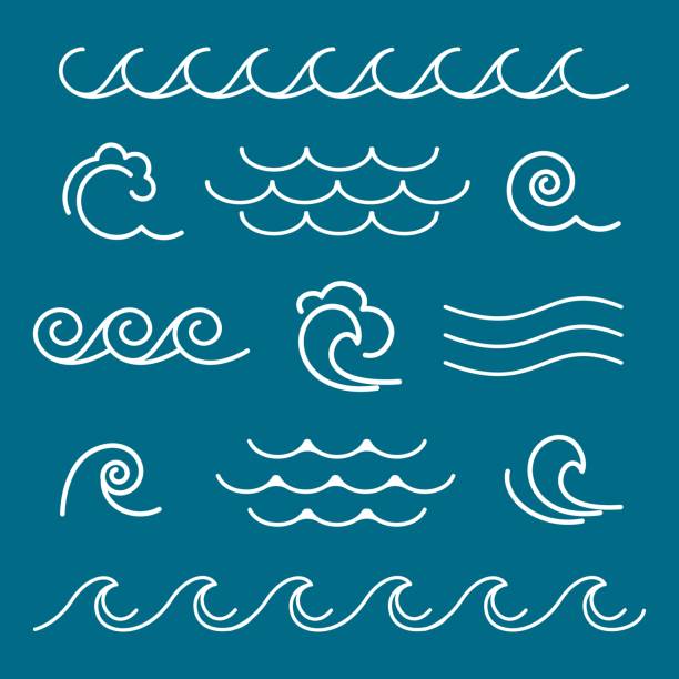 Marine waves line graphics Marine waves line graphics. Ocean water wave lines, sea storm abstract linear illustration patterns, blue wavy swirls, vector illustration sea foam stock illustrations
