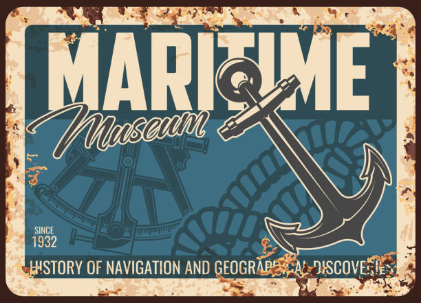 Maritime museum metal rusty plate, retro poster Maritime museum metal rusty plate, retro poster of sea ships, nautical sailing anchor, sextant, vector. Seafaring naval travel historic museum, marine navigation and geographic discovery exhibition adventure borders stock illustrations