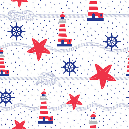 Maritime seamless repeat pattern with starfish, rope and lighthouse in red and blue.Perfect for wrapping, textile and design projects, Vector illustration.