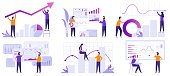 Market analytics. Finance prediction, trends forecast and business strategy analytics. Computer economic marketing science, management optimization. Flat vector illustration isolated icons set