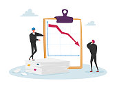 Market Drop, Fall and Depreciation Concept. Depressed Business Men Characters Looking at Falling Down Red Arrow. Investor Lose Money on Stock, Financial Crisis. Cartoon People Vector Illustration
