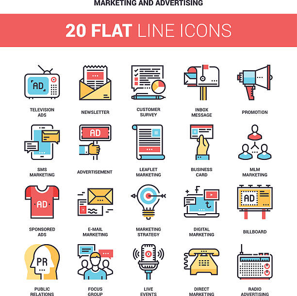 Marketing and Advertising Vector set of marketing and advertising flat line web icons. Each icon with adjustable strokes neatly designed on pixel perfect 64X64 size grid. Fully editable and easy to use. billboard posting stock illustrations