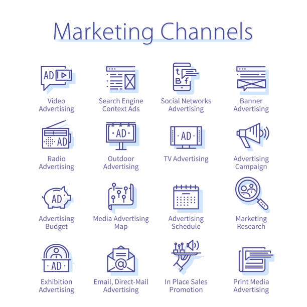 Marketing channels pack. Context advertisement, tv, radio, Internet advertising, billboard, banner thin line icons set. Business promotion, ad campaign linear vector illustrations Marketing channels pack. Context advertisement, tv, radio, Internet advertising, billboard, banner thin line icons set. Business promotion, ad campaign isolated linear flat vector illustrations marketing icons stock illustrations