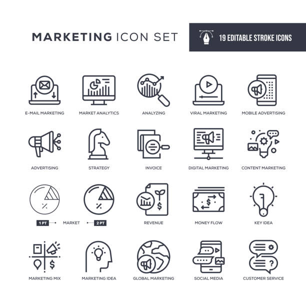 ilustraciones, imágenes clip art, dibujos animados e iconos de stock de iconos de línea de trazo editables de marketing - market research