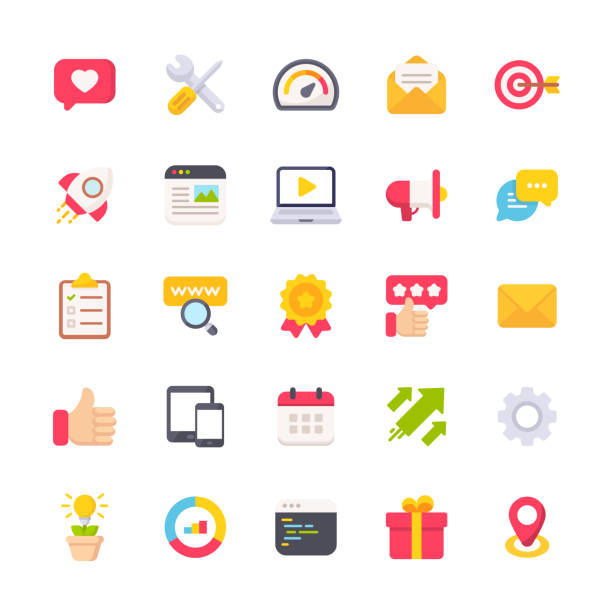 Marketing Flat Icons. Material Design Icons. Pixel Perfect. For Mobile and Web. Contains such icons as Email Marketing, Social Media, Advertising, Start Up, Like Button, Video Ads, Global Business. 25 Marketing Flat Icons. newspaper symbols stock illustrations