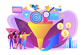 Analysts analyzing market. Selling strategy, lead generation. Marketing funnel, product marketing cycle, advertising system control concept. Bright vibrant violet vector isolated illustration
