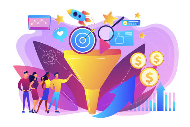 Marketing funnel concept vector illustration. Analysts analyzing market. Selling strategy, lead generation. Marketing funnel, product marketing cycle, advertising system control concept. Bright vibrant violet vector isolated illustration email campaign stock illustrations