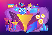 Analysts analyzing market. Selling strategy, lead generation. Marketing funnel, product marketing cycle, advertising system control concept. Bright vibrant violet vector isolated illustration