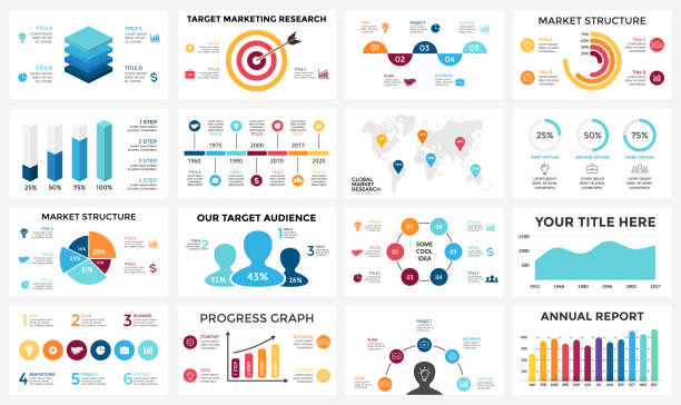 Marketing infographic, cycle diagram, global business graph, presentation chart. 3, 4, 5, 6, 7, 8 options, parts, steps, process. People audience report, target market, brain idea, world map timeline Circle arrows diagram for graph infographic presentation with steps parts options. market research stock illustrations